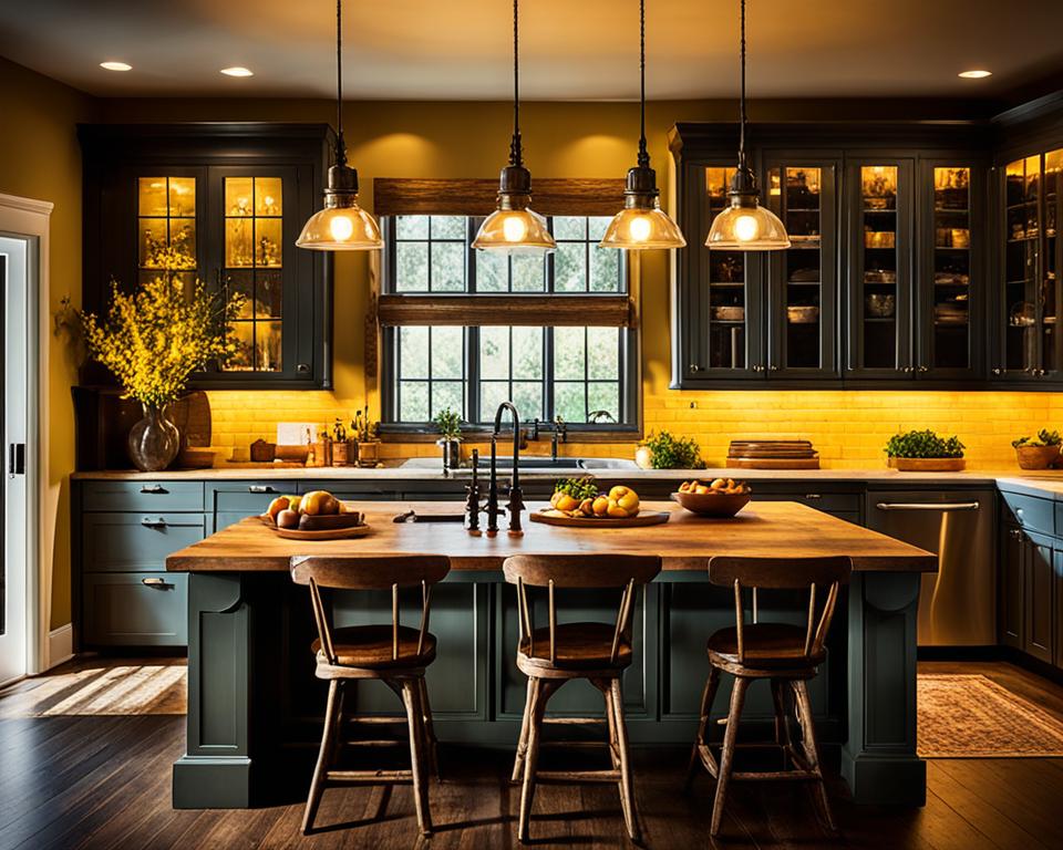 moody farmhouse kitchen lighting