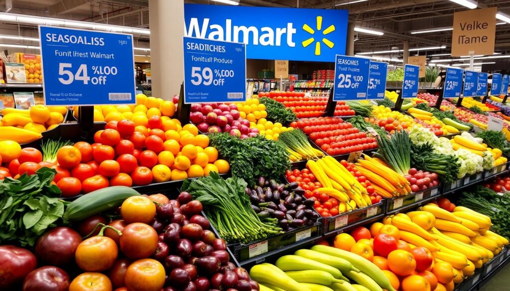 Fresh produce section at Walmart with sale signs Fresh produce section at Walmart with sale signs
