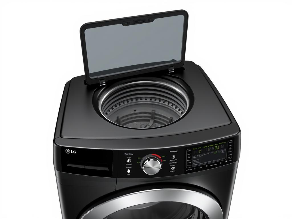 LG WT8405CB top-load washing machine in matte black finish with the lid open LG WT8405CB top-load washing machine in matte black finish with the lid open