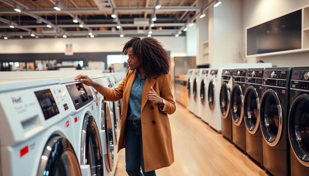 Person comparing washing machine features in a showroom with multiple models on display Person comparing washing machine features in a showroom with multiple models on display
